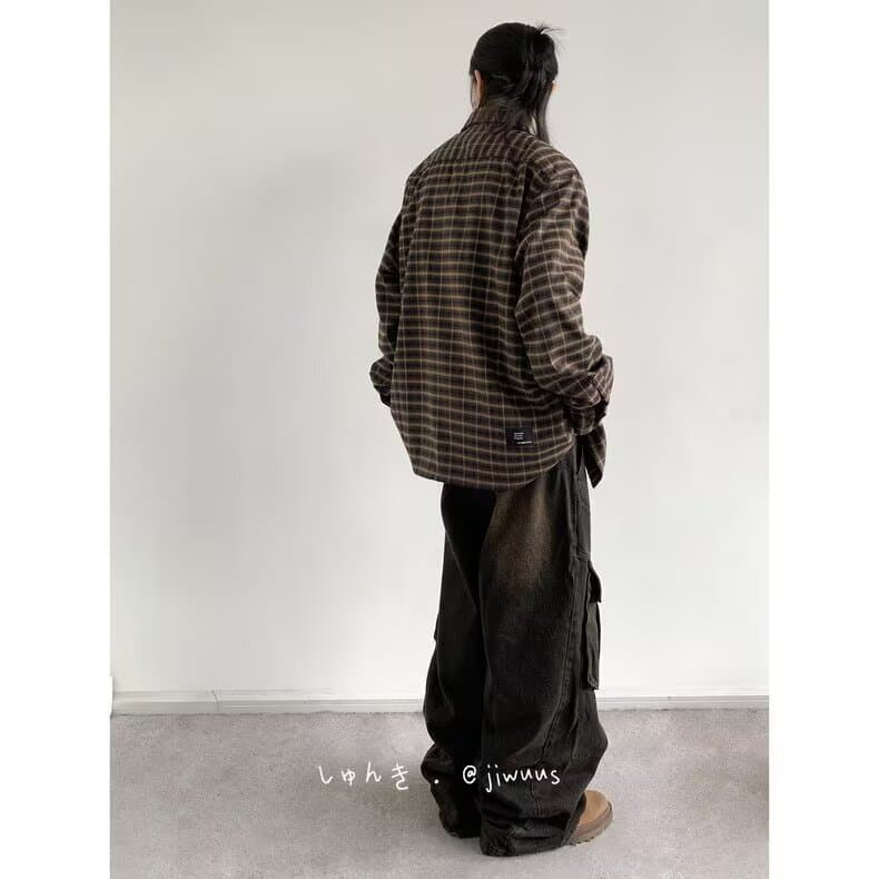 일본식 레트로 체크무늬 긴팔 셔츠 남자 여자 중성 바람 봄 가을 새로운 캐주얼 다용도 폴로 칼라 셔츠 재킷 상세 이미지 20
