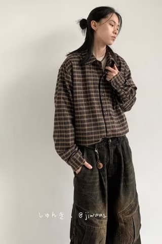 일본식 레트로 체크무늬 긴팔 셔츠 남자 여자 중성 바람 봄 가을 새로운 캐주얼 다용도 폴로 칼라 셔츠 재킷 상세 이미지 22