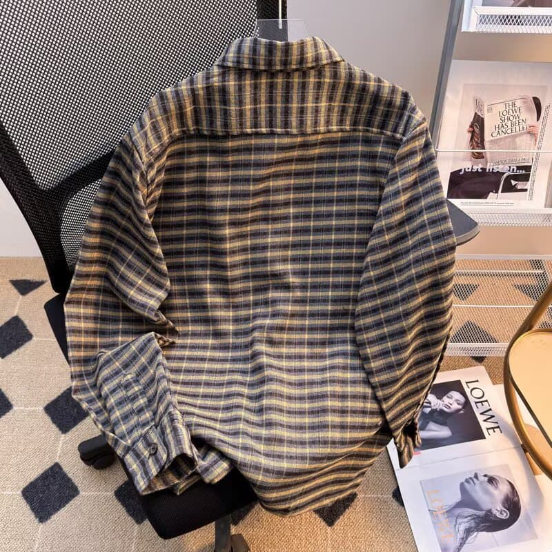 일본식 레트로 체크무늬 긴팔 셔츠 남자 여자 중성 바람 봄 가을 새로운 캐주얼 다용도 폴로 칼라 셔츠 재킷 상세 이미지 24