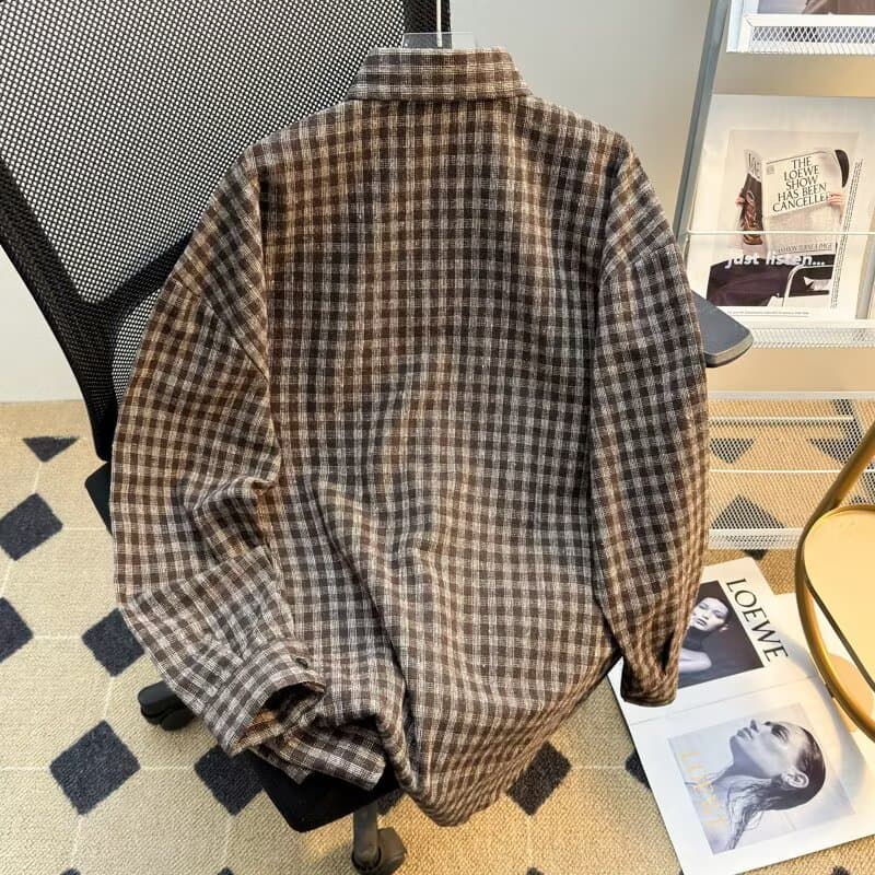 봄 가을 새로운 남녀 일본식 레트로 기사 그리드 셔츠 캐주얼 루즈핏 프로필 모양 긴팔 재킷 맨위 고대 복장 셔츠 이미지 4