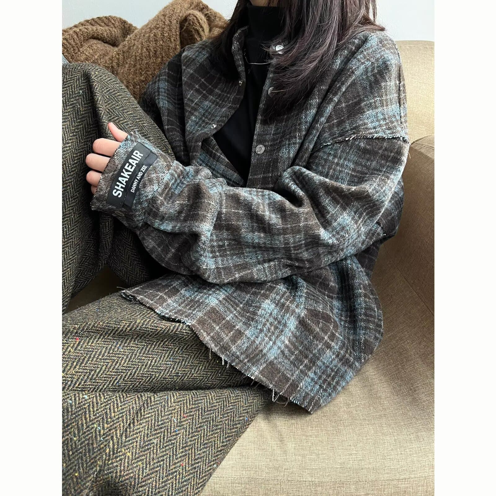 2026 봄 가을 아메리칸 레트로 연삭 털 격자 무늬 셔츠 남녀 조수 브랜드 루즈핏 캐주얼 워싱 스탠드 칼라 재킷