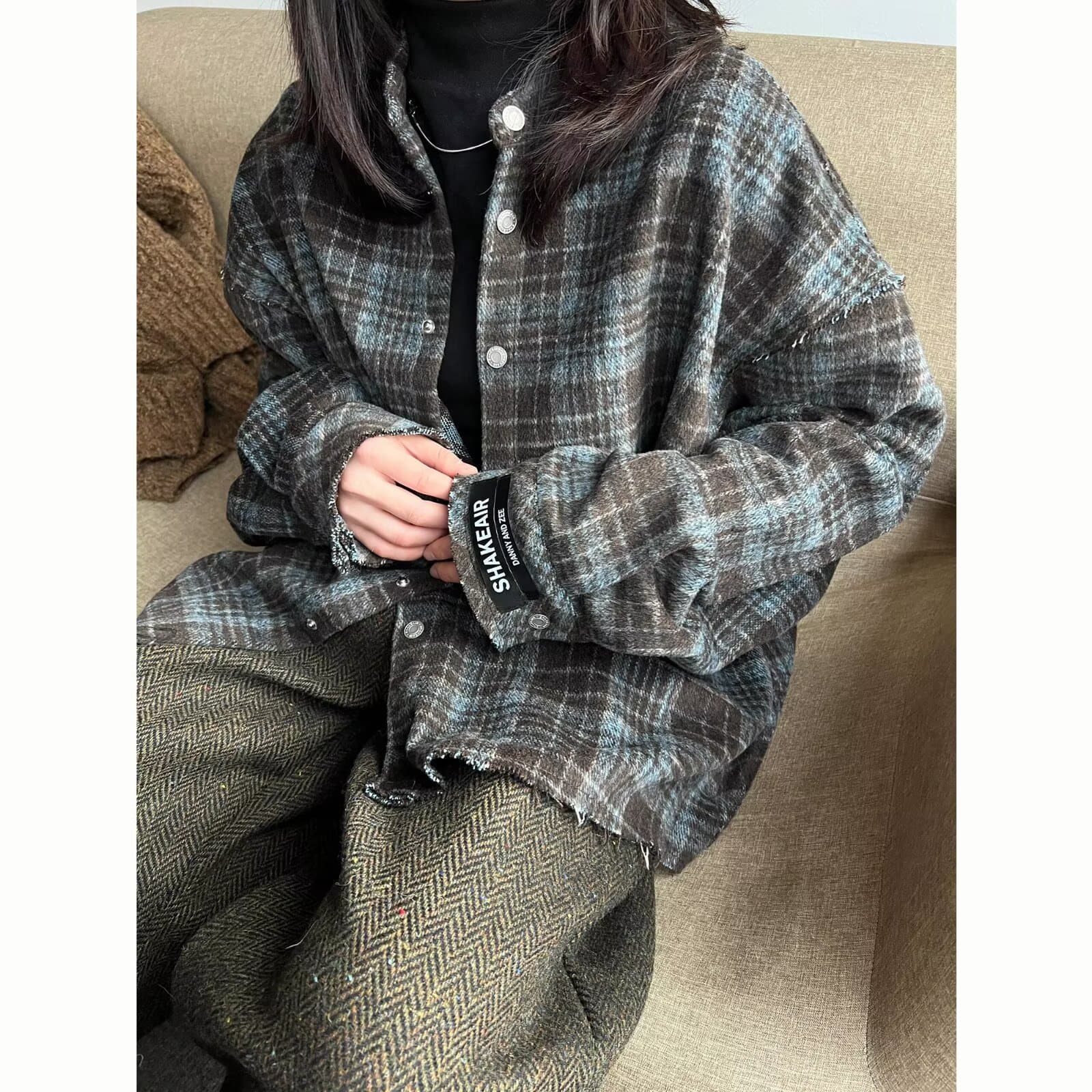2026 봄 가을 아메리칸 레트로 연삭 털 격자 무늬 셔츠 남녀 조수 브랜드 루즈핏 캐주얼 워싱 스탠드 칼라 재킷 상세 이미지 9
