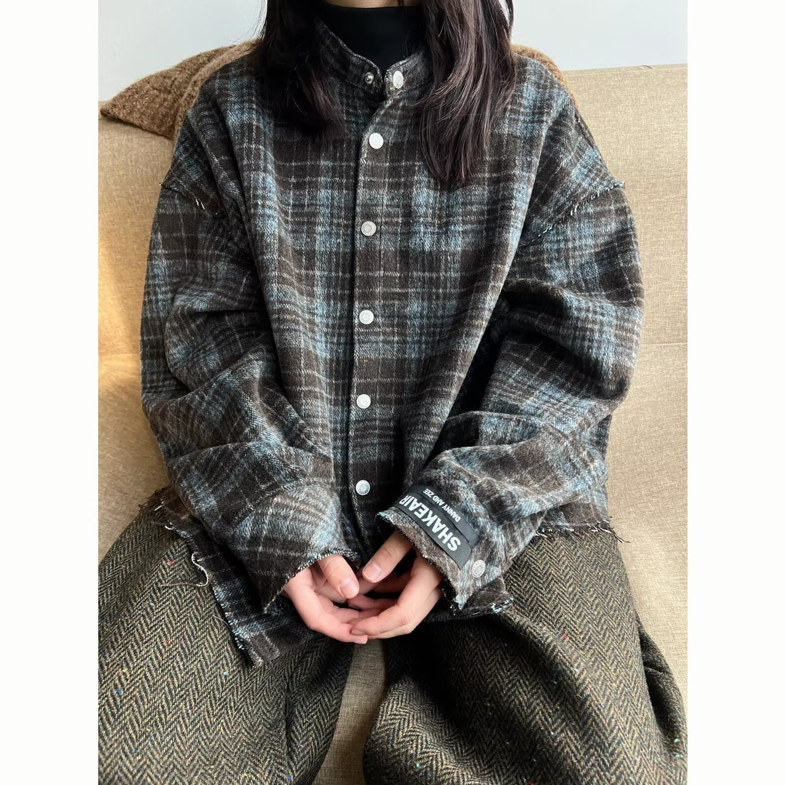 2026 봄 가을 아메리칸 레트로 연삭 털 격자 무늬 셔츠 남녀 조수 브랜드 루즈핏 캐주얼 워싱 스탠드 칼라 재킷 상세 이미지 10