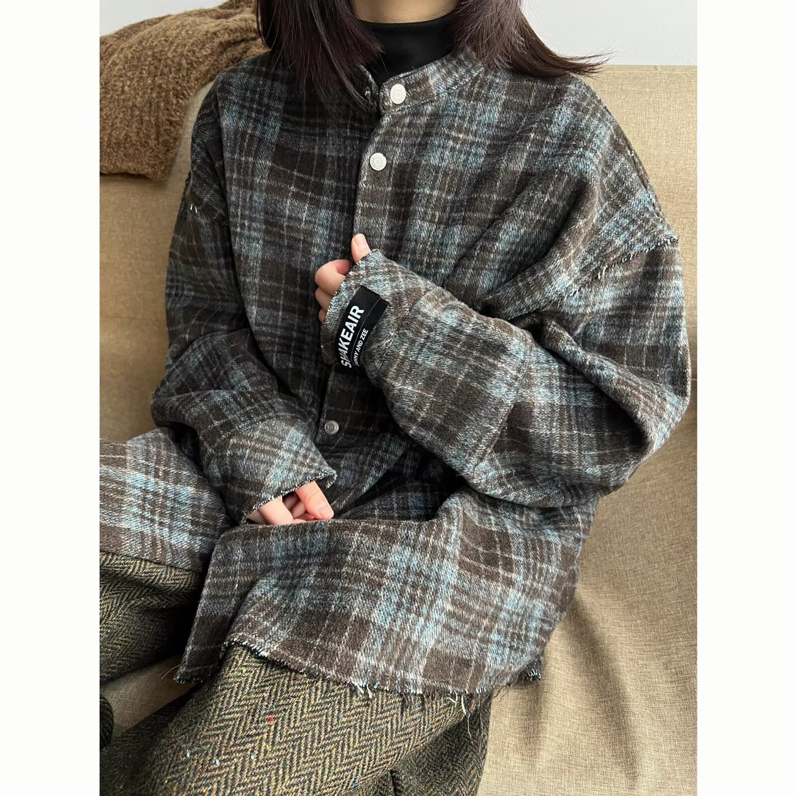 2026 봄 가을 아메리칸 레트로 연삭 털 격자 무늬 셔츠 남녀 조수 브랜드 루즈핏 캐주얼 워싱 스탠드 칼라 재킷 상세 이미지 11