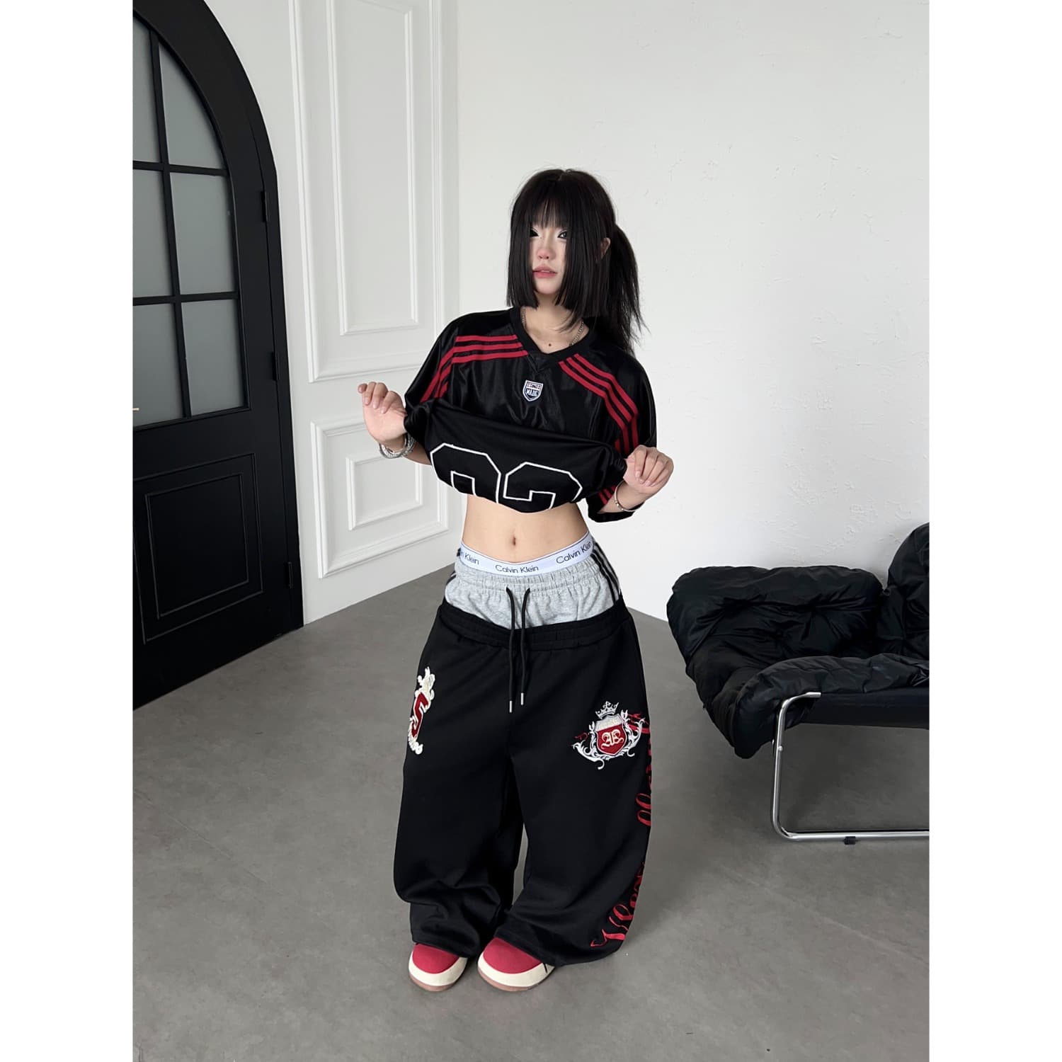 한국 chic 가을 아메리칸 배색 더블 머리 허리 자수 휘장 운동 웨이 바지 여성 루즈핏 넓은 다리 캐주얼 긴 바지 상세 이미지 3