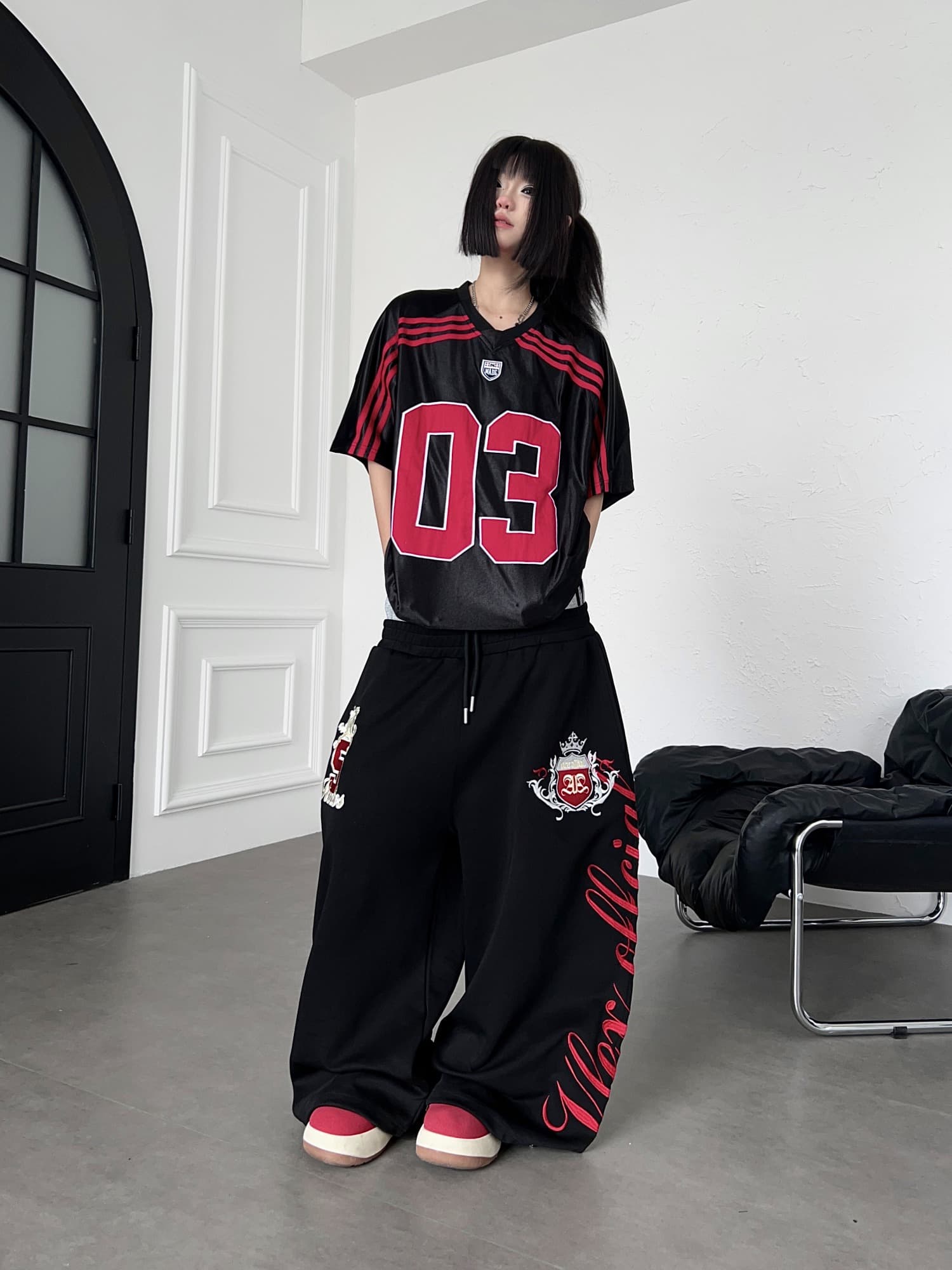 한국 chic 가을 아메리칸 배색 더블 머리 허리 자수 휘장 운동 웨이 바지 여성 루즈핏 넓은 다리 캐주얼 긴 바지 상세 이미지 5