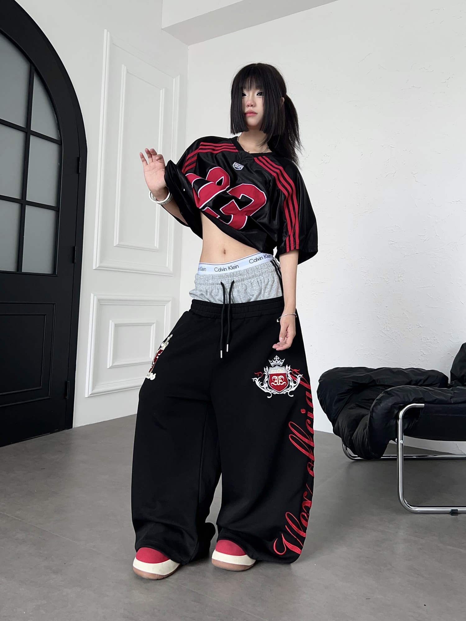 한국 chic 가을 아메리칸 배색 더블 머리 허리 자수 휘장 운동 웨이 바지 여성 루즈핏 넓은 다리 캐주얼 긴 바지 상세 이미지 18