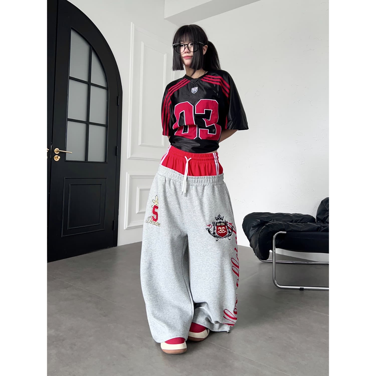 한국 chic 가을 아메리칸 배색 더블 머리 허리 자수 휘장 운동 웨이 바지 여성 루즈핏 넓은 다리 캐주얼 긴 바지 상세 이미지 40