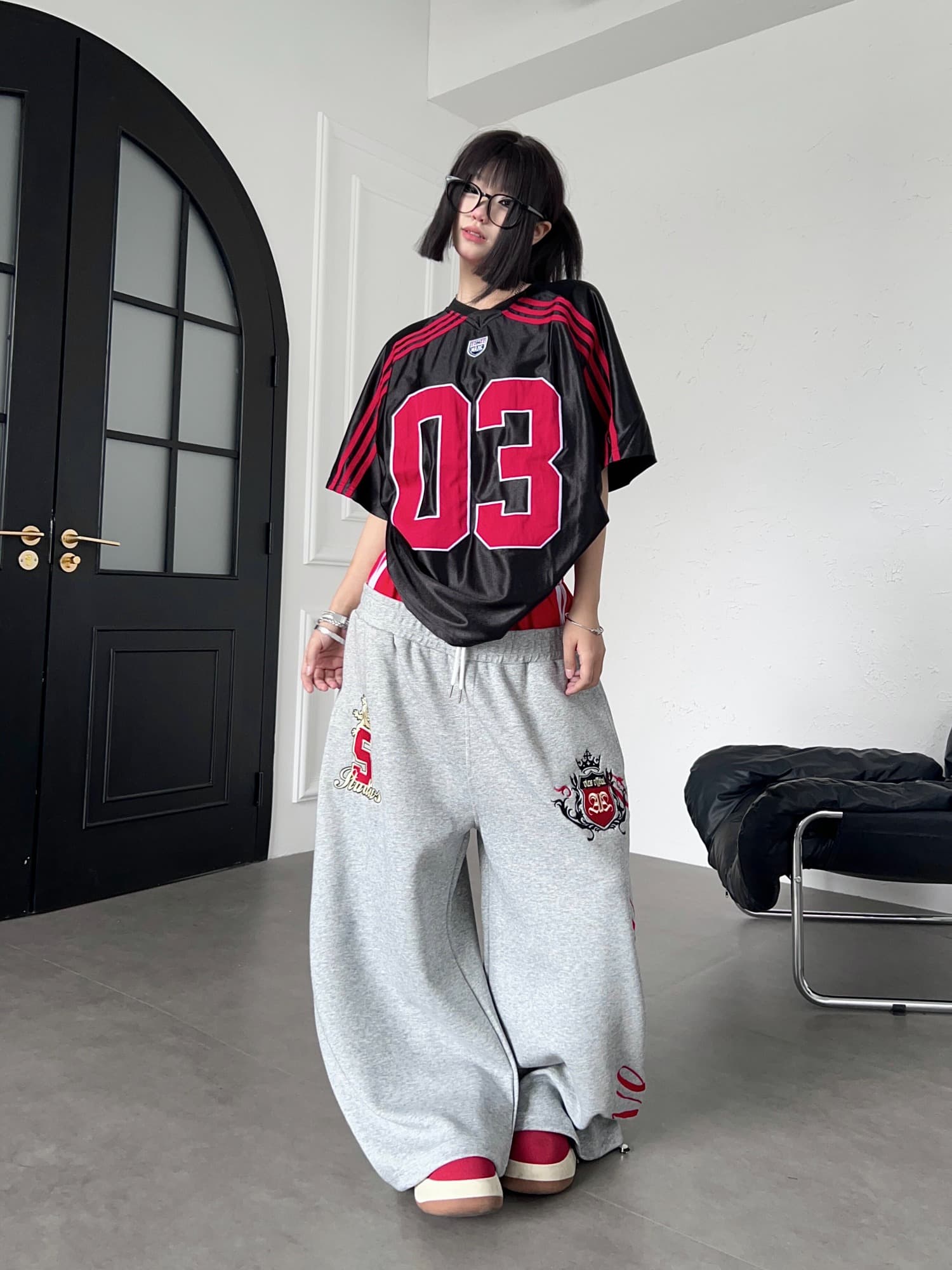 한국 chic 가을 아메리칸 배색 더블 머리 허리 자수 휘장 운동 웨이 바지 여성 루즈핏 넓은 다리 캐주얼 긴 바지 상세 이미지 44