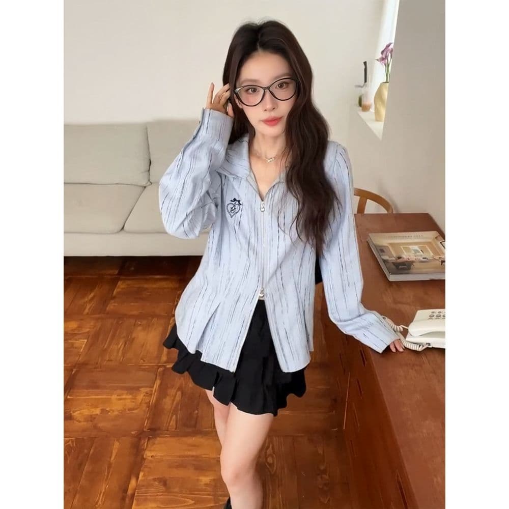 프랑스식 파란색 POLO 칼라 더블 머리 지퍼 여성 셔츠 2026 이른 가을 새로운 루즈핏 긴팔 외부 잡아라. 외투 이미지 3