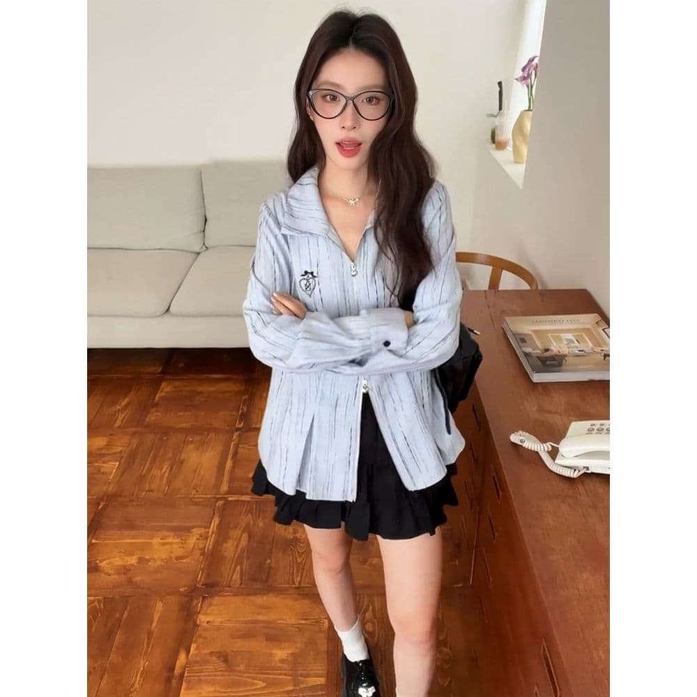 프랑스식 파란색 POLO 칼라 더블 머리 지퍼 여성 셔츠 2026 이른 가을 새로운 루즈핏 긴팔 외부 잡아라. 외투 이미지 5
