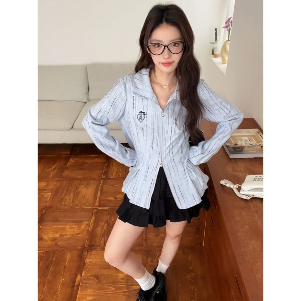 프랑스식 파란색 POLO 칼라 더블 머리 지퍼 여성 셔츠 2026 이른 가을 새로운 루즈핏 긴팔 외부 잡아라. 외투 상세 이미지 3