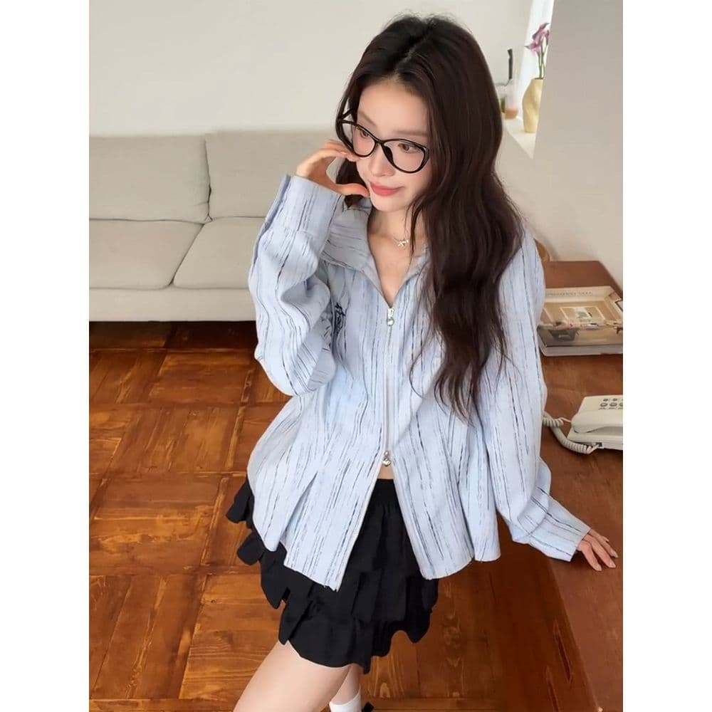 프랑스식 파란색 POLO 칼라 더블 머리 지퍼 여성 셔츠 2026 이른 가을 새로운 루즈핏 긴팔 외부 잡아라. 외투 상세 이미지 5