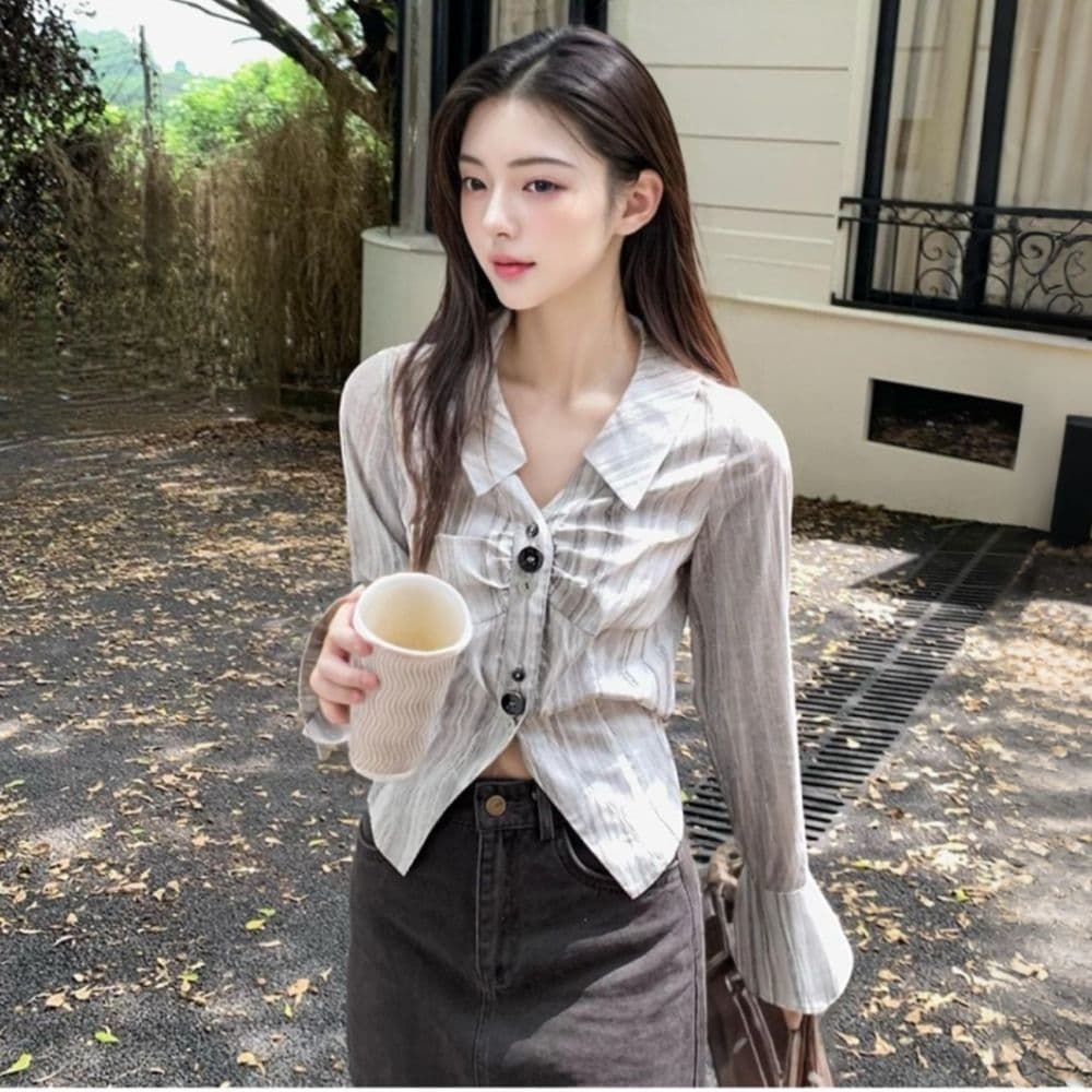 한 부서 chic 불규칙 주름 긴팔 여성 셔츠 가을 새로운 폴로 칼라 Chic 스트라이프 셔츠 슬림해 보이는 맨위 이미지 4