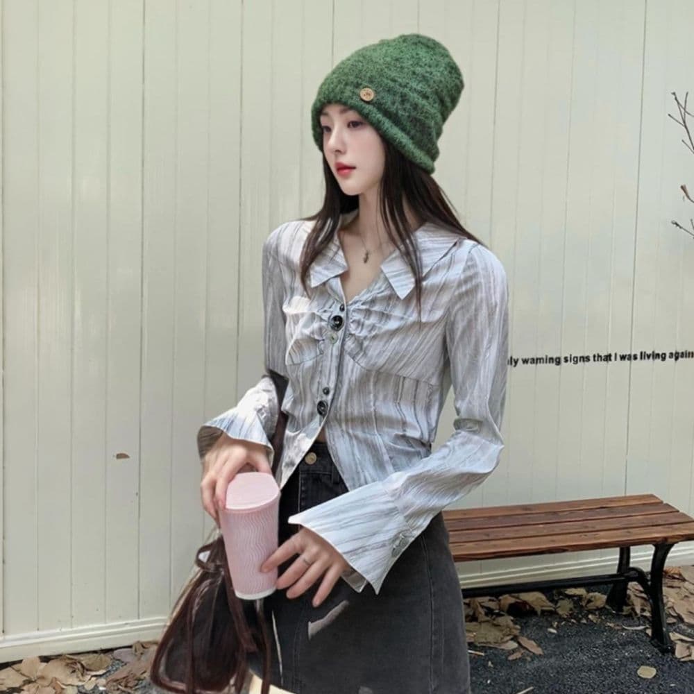 한 부서 chic 불규칙 주름 긴팔 여성 셔츠 가을 새로운 폴로 칼라 Chic 스트라이프 셔츠 슬림해 보이는 맨위