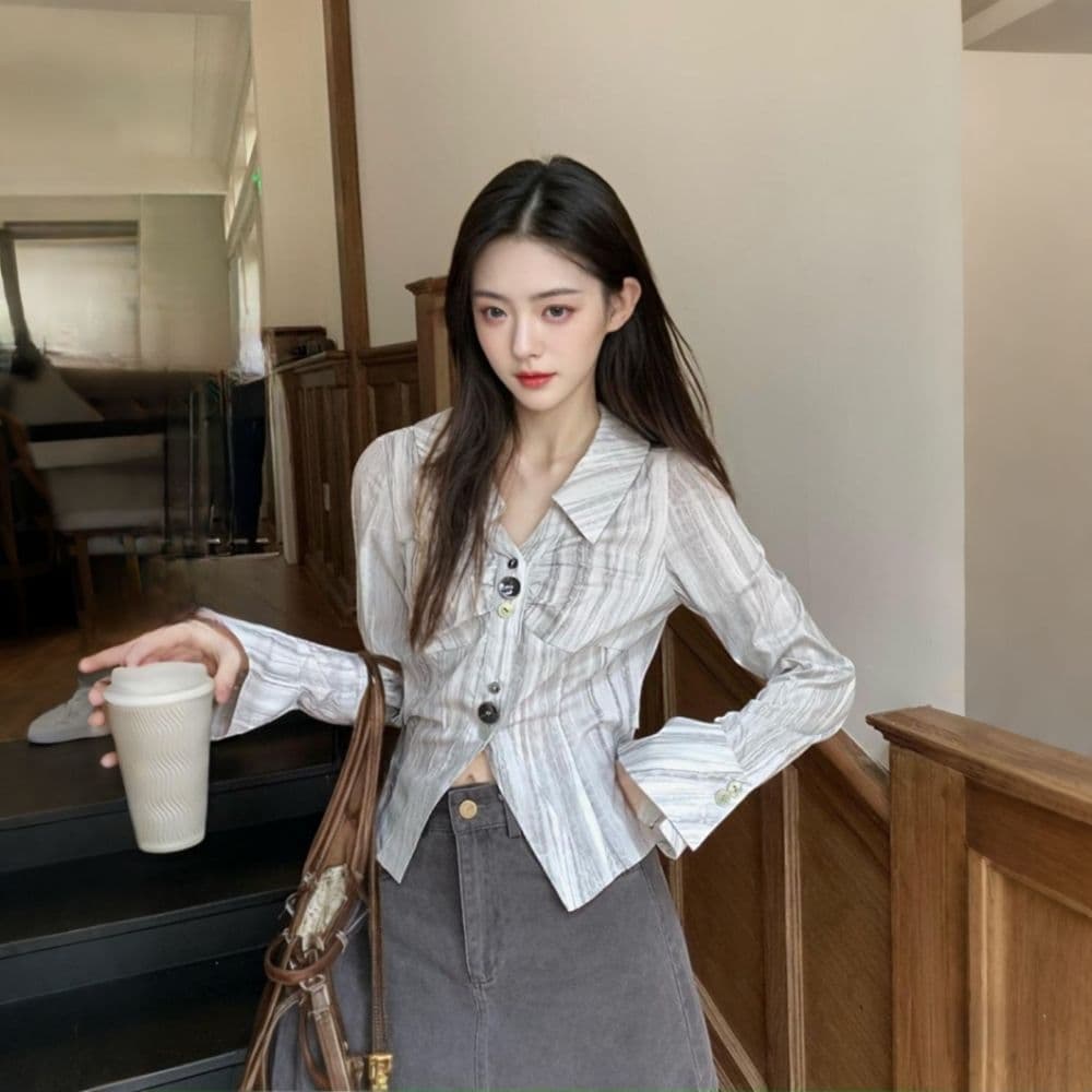 한 부서 chic 불규칙 주름 긴팔 여성 셔츠 가을 새로운 폴로 칼라 Chic 스트라이프 셔츠 슬림해 보이는 맨위 이미지 5