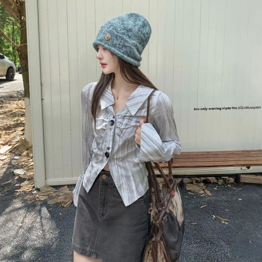 한 부서 chic 불규칙 주름 긴팔 여성 셔츠 가을 새로운 폴로 칼라 Chic 스트라이프 셔츠 슬림해 보이는 맨위 상세 이미지 2