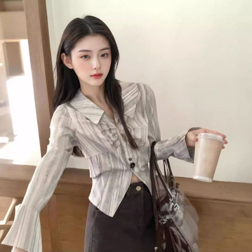 한 부서 chic 불규칙 주름 긴팔 여성 셔츠 가을 새로운 폴로 칼라 Chic 스트라이프 셔츠 슬림해 보이는 맨위 상세 이미지 5
