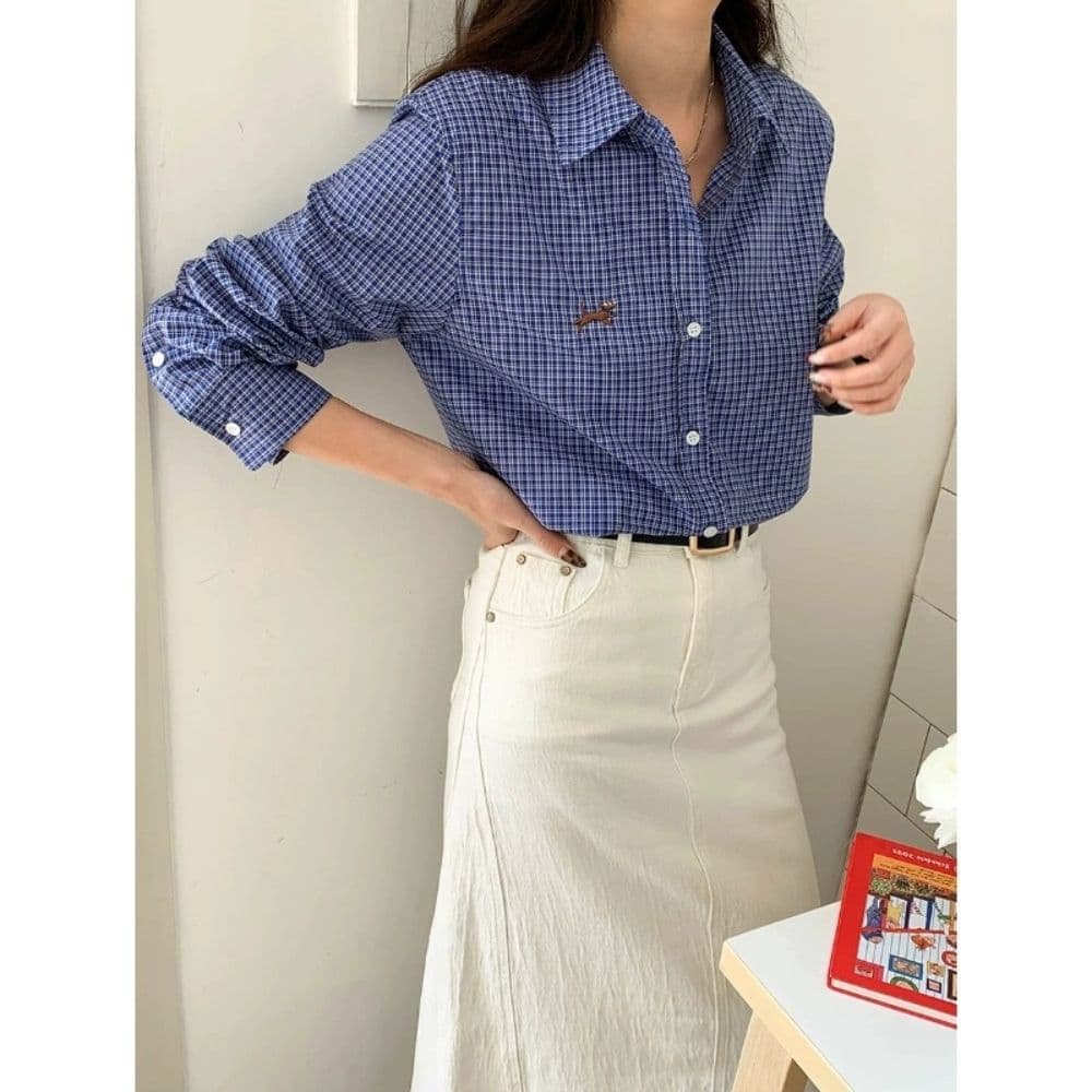파란색 체크무늬 긴팔 셔츠 여성 코트 가을 스택 착용 루즈핏 작은 키 긍정적 인 어깨 셔츠 2026 새로운 맨위