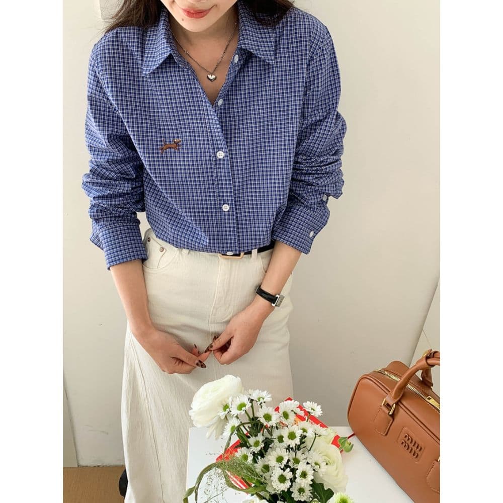 파란색 체크무늬 긴팔 셔츠 여성 코트 가을 스택 착용 루즈핏 작은 키 긍정적 인 어깨 셔츠 2026 새로운 맨위 상세 이미지 8