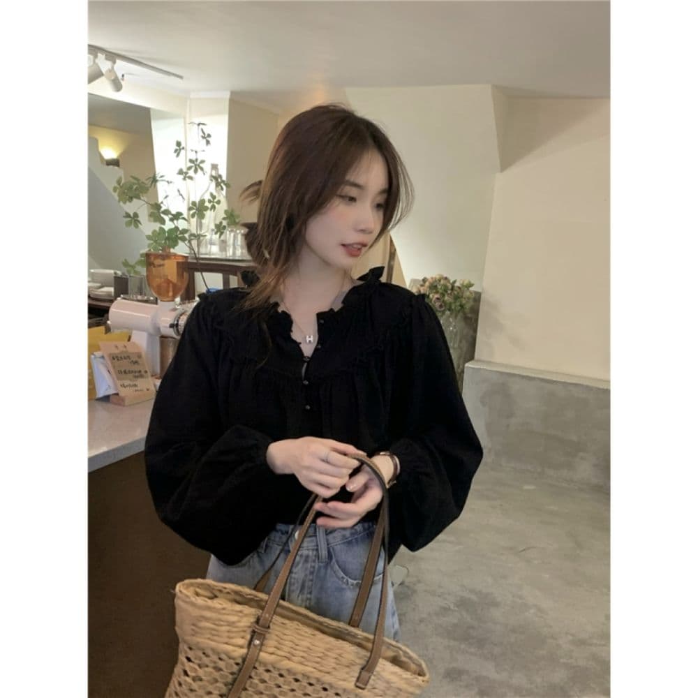 2026 가을 새로운 라운드 넥 프릴 긴팔 여성 셔츠 다용도 루즈핏 프랑스식 달콤함 디자인 센스 셔츠 상세 이미지 14