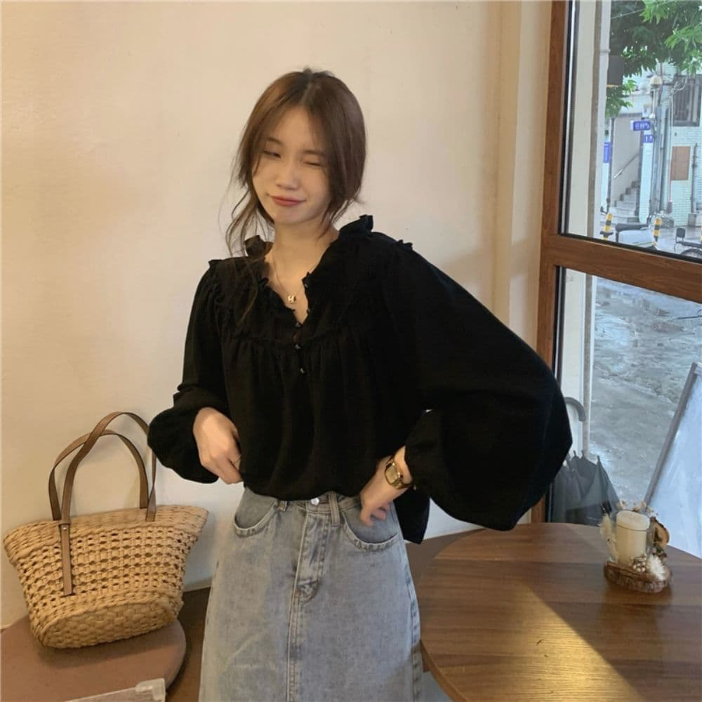 2026 가을 새로운 라운드 넥 프릴 긴팔 여성 셔츠 다용도 루즈핏 프랑스식 달콤함 디자인 센스 셔츠 상세 이미지 18
