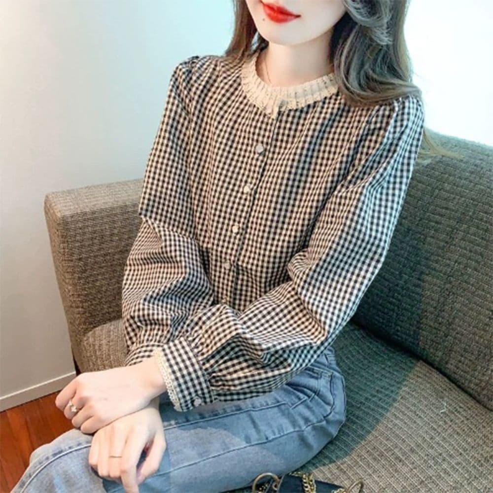 프랑스식 달콤함 레이스 스탠드 칼라 체크무늬 긴팔 셔츠 맨위 여성 가을 새로운 디자인 센스 레트로 셔츠 재킷 이미지 4