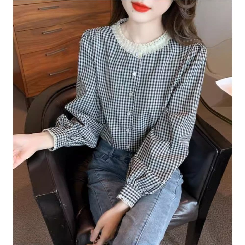 프랑스식 달콤함 레이스 스탠드 칼라 체크무늬 긴팔 셔츠 맨위 여성 가을 새로운 디자인 센스 레트로 셔츠 재킷 이미지 2