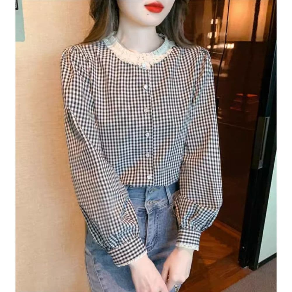 프랑스식 달콤함 레이스 스탠드 칼라 체크무늬 긴팔 셔츠 맨위 여성 가을 새로운 디자인 센스 레트로 셔츠 재킷 상세 이미지 4