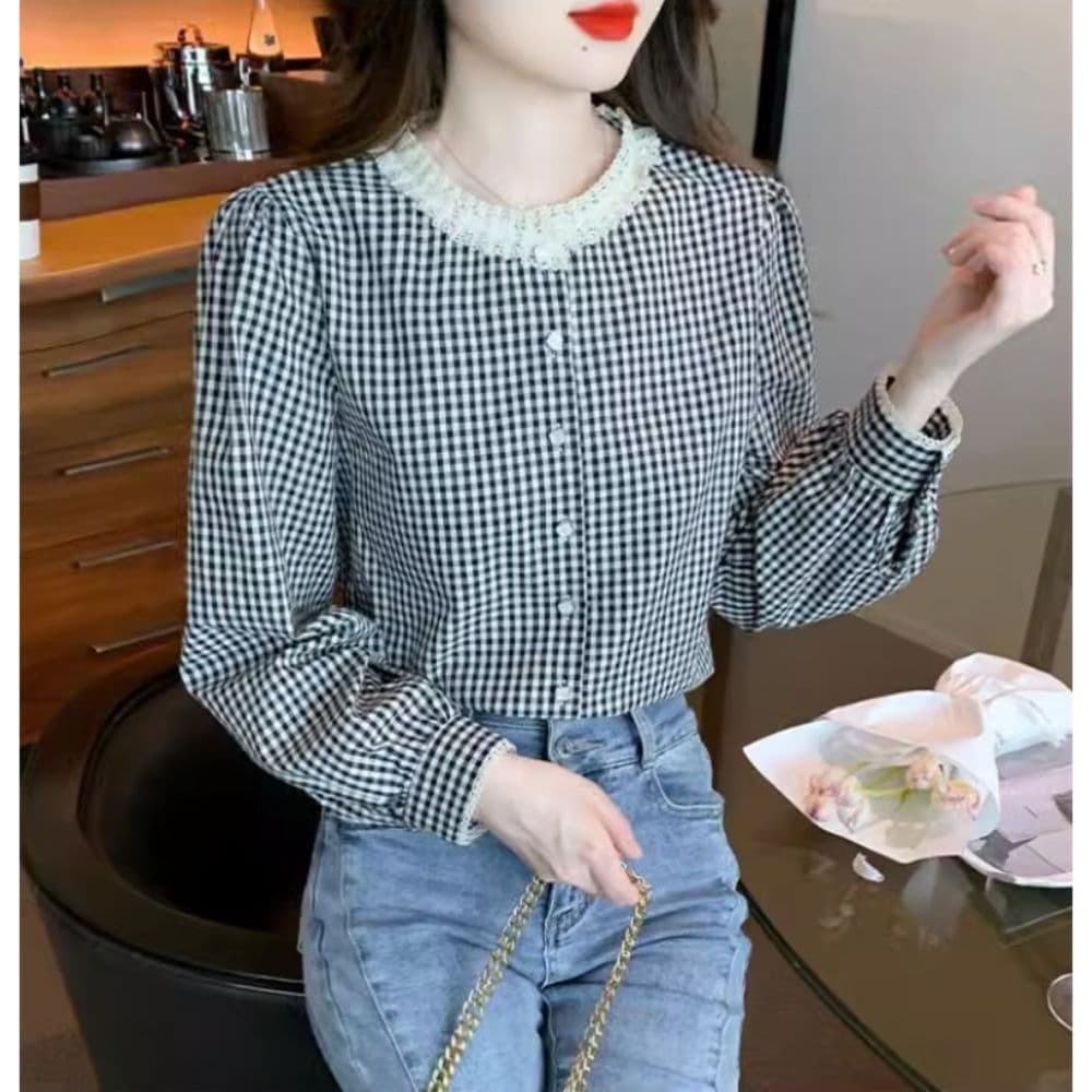프랑스식 달콤함 레이스 스탠드 칼라 체크무늬 긴팔 셔츠 맨위 여성 가을 새로운 디자인 센스 레트로 셔츠 재킷 상세 이미지 6