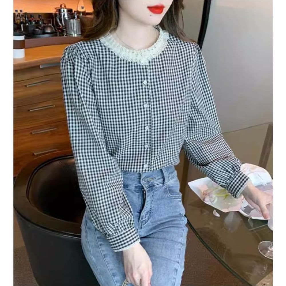 프랑스식 달콤함 레이스 스탠드 칼라 체크무늬 긴팔 셔츠 맨위 여성 가을 새로운 디자인 센스 레트로 셔츠 재킷 상세 이미지 7