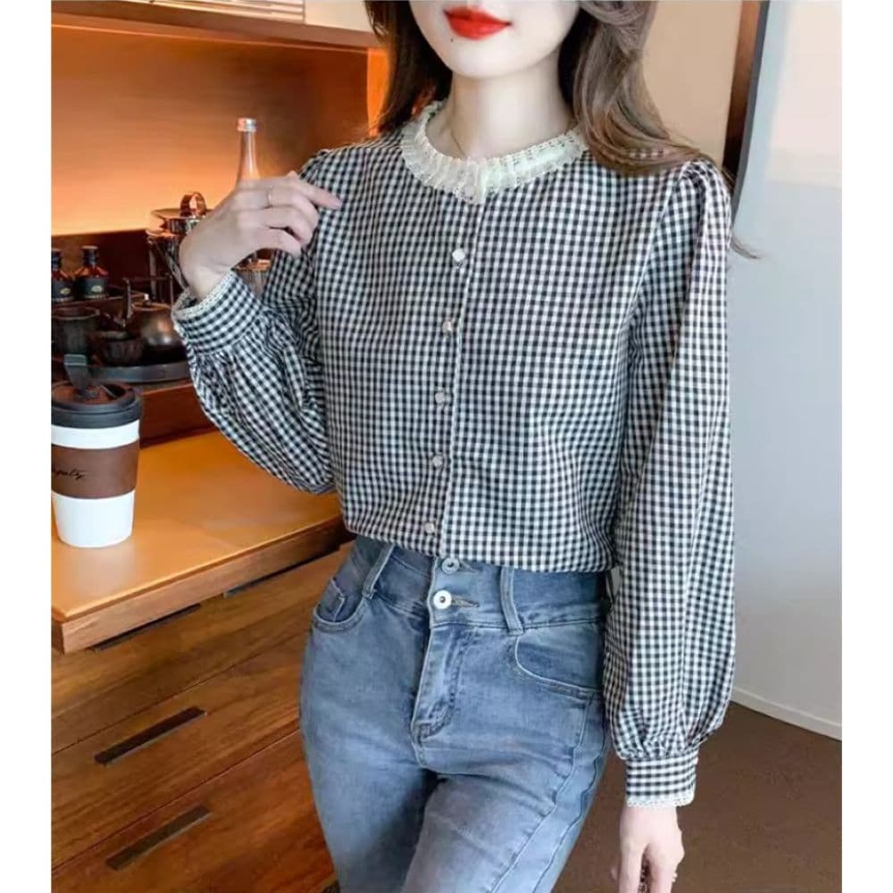 프랑스식 달콤함 레이스 스탠드 칼라 체크무늬 긴팔 셔츠 맨위 여성 가을 새로운 디자인 센스 레트로 셔츠 재킷 상세 이미지 8