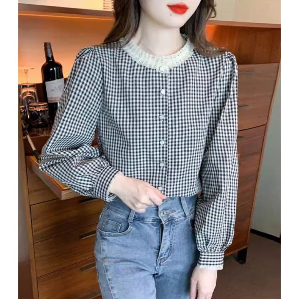 프랑스식 달콤함 레이스 스탠드 칼라 체크무늬 긴팔 셔츠 맨위 여성 가을 새로운 디자인 센스 레트로 셔츠 재킷 상세 이미지 9