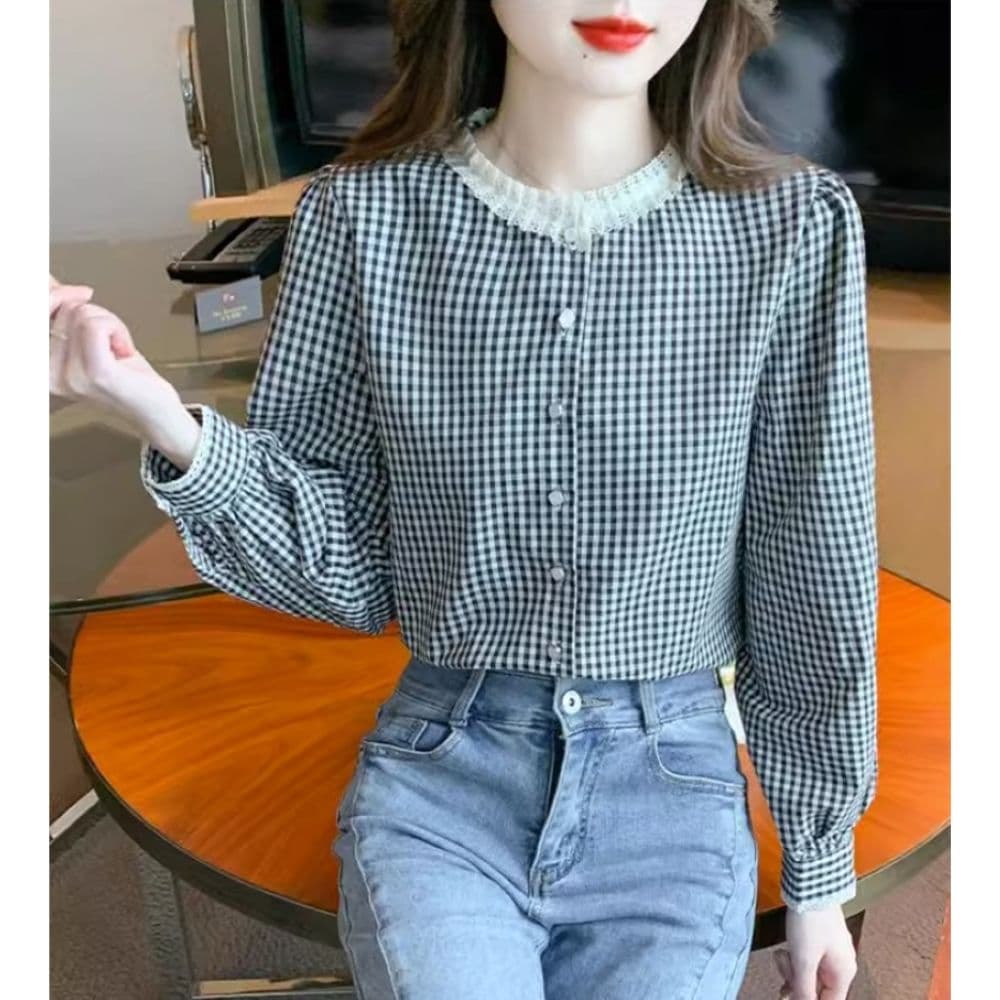 프랑스식 달콤함 레이스 스탠드 칼라 체크무늬 긴팔 셔츠 맨위 여성 가을 새로운 디자인 센스 레트로 셔츠 재킷 상세 이미지 10