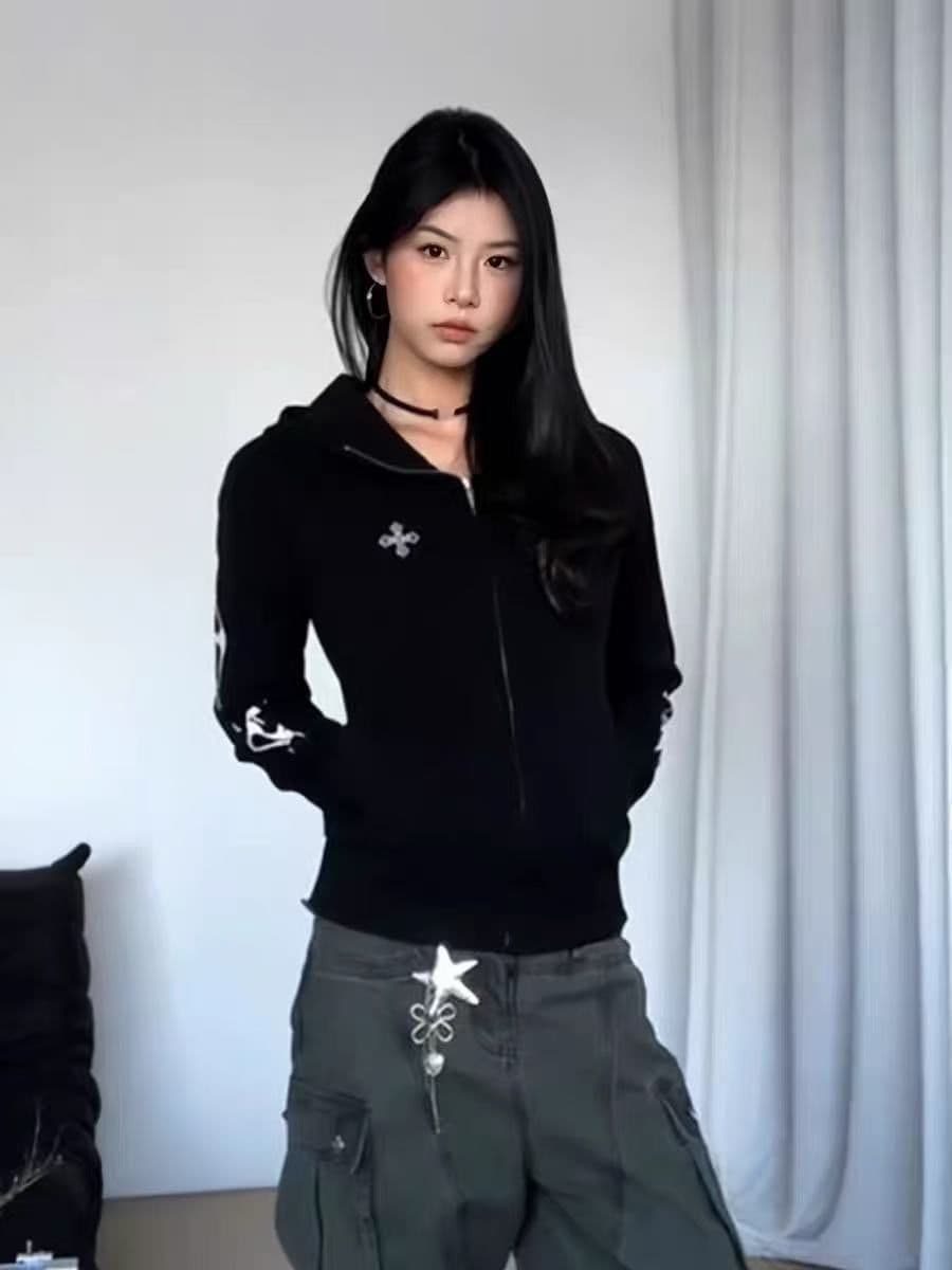 한국 chic 가을 새로운 후드 티 스웨터 여성 코트 아메리칸 레트로 몸매 가꾸기 슬림해 보이는 지퍼 오픈 가디건 맨위 트렌디 상세 이미지 4