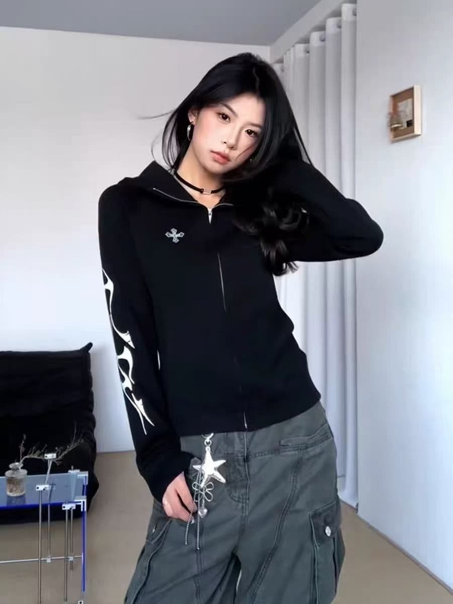 한국 chic 가을 새로운 후드 티 스웨터 여성 코트 아메리칸 레트로 몸매 가꾸기 슬림해 보이는 지퍼 오픈 가디건 맨위 트렌디 상세 이미지 5