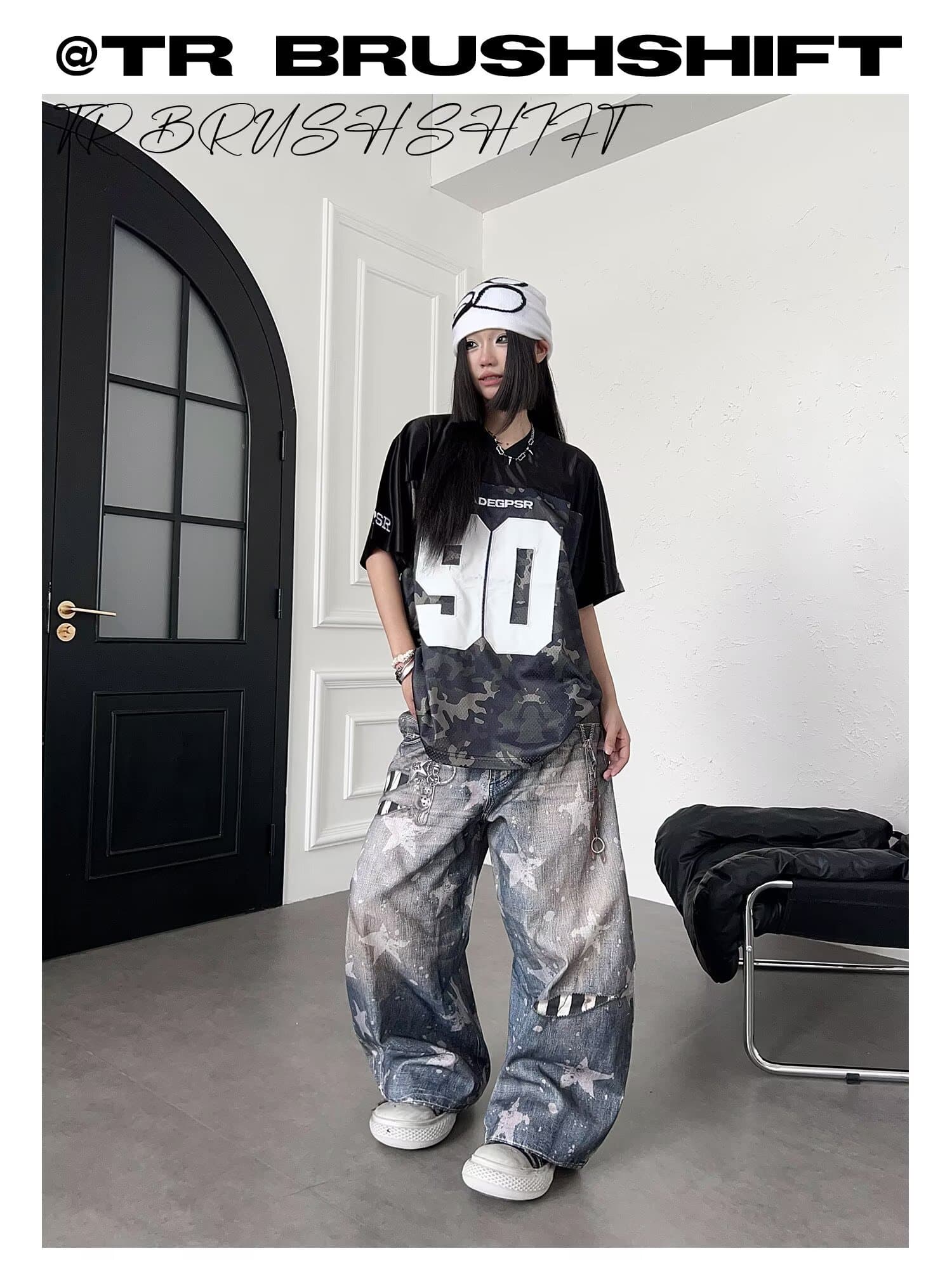한국 chic 가을 새로운 아메리칸 레트로 청바지 여성 하이웨이스트 넓은 다리 3d 인쇄 기사 더블 허리 머리 캐주얼 바지 상세 이미지 8
