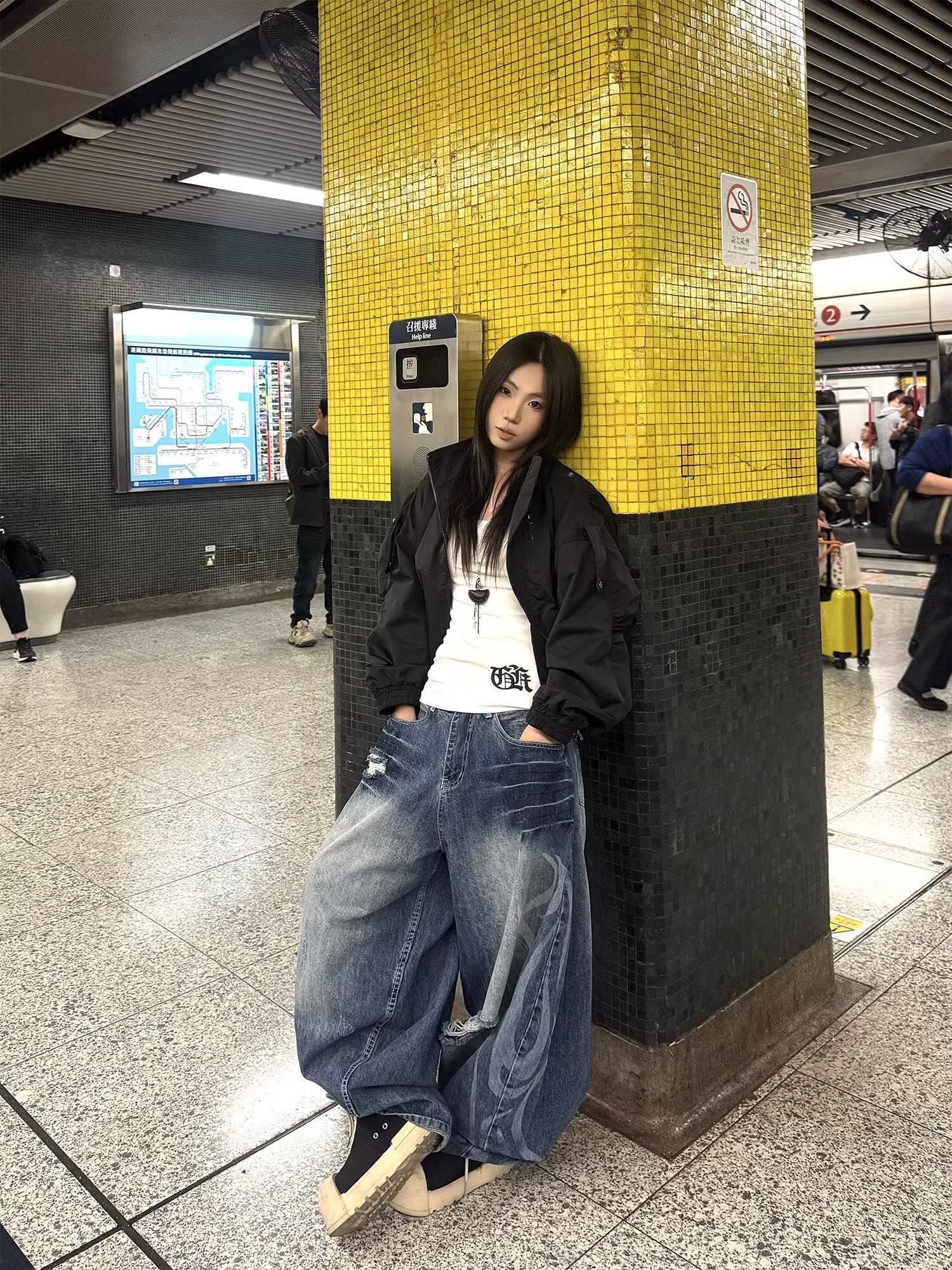 한국 chic 높음 거리 바람 워싱 찢어진 부분 청바지 여성 2026 가을 의상 새로운 루즈핏 와이드 레그 팬츠 바닥 청소 긴 바지 상세 이미지 5