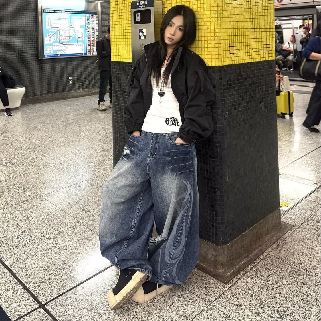 한국 chic 높음 거리 바람 워싱 찢어진 부분 청바지 여성 2026 가을 의상 새로운 루즈핏 와이드 레그 팬츠 바닥 청소 긴 바지 상세 이미지 21