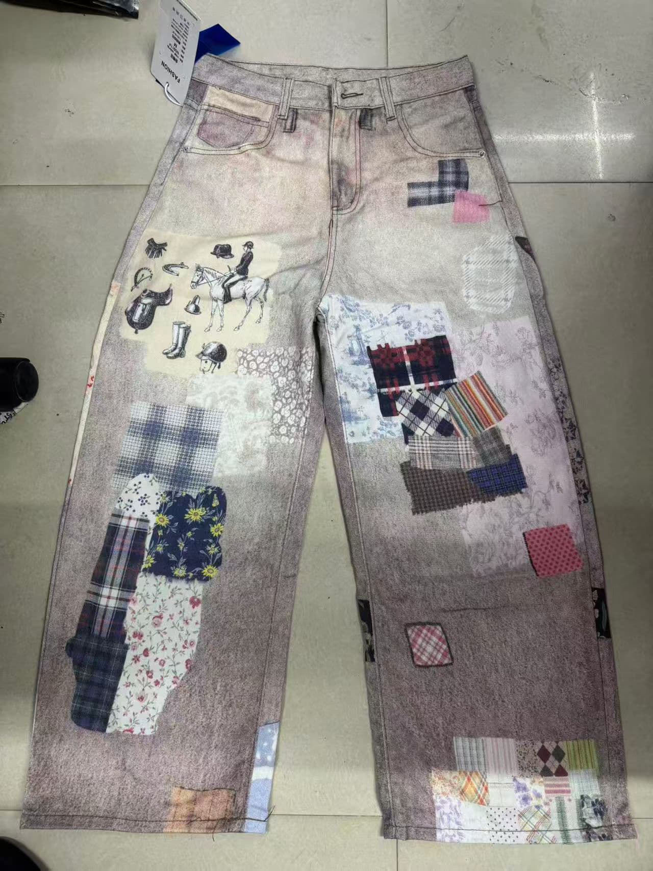 한국 chic 아메리칸 레트로 마 오래된 3d 인쇄 체크무늬 퍼즐 모통이 칼 청바지 여성 조수 브랜드 루즈핏 와이드 레그 팬츠 상세 이미지 1