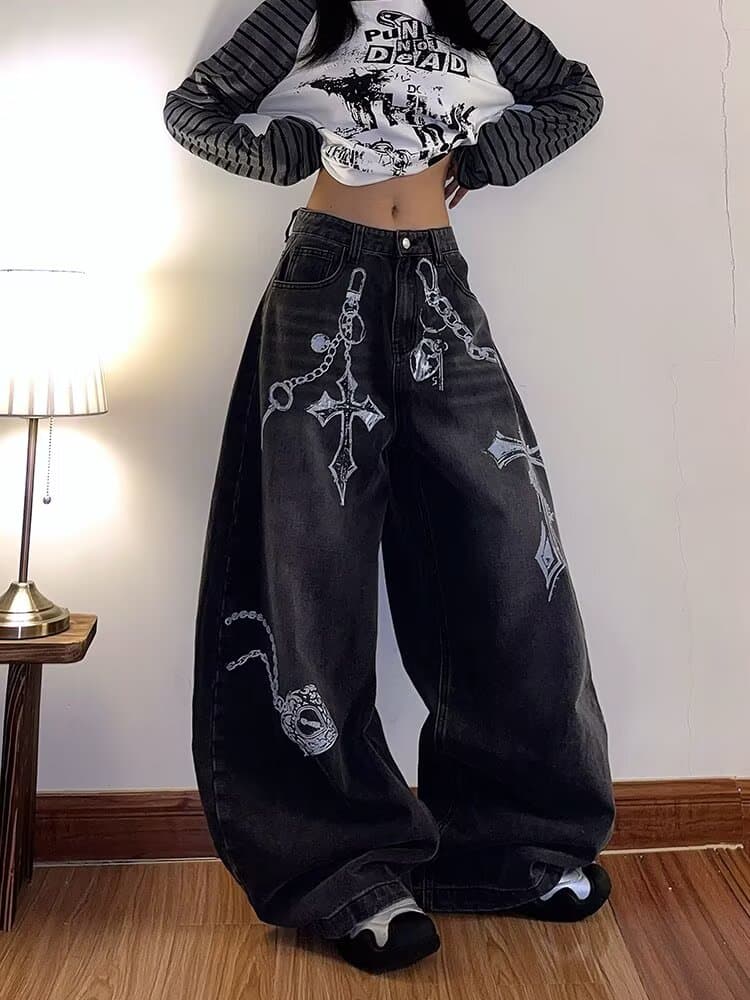 한국 chic 조수 브랜드 거리 낙서 디자인 청바지 여성 루즈핏 스트레이트 팬츠 가을 새로운 바닥 청소 캐주얼 바지 이미지 4