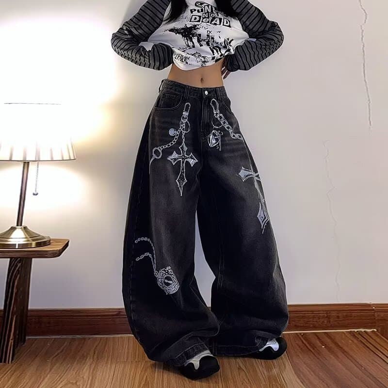 한국 chic 조수 브랜드 거리 낙서 디자인 청바지 여성 루즈핏 스트레이트 팬츠 가을 새로운 바닥 청소 캐주얼 바지 상세 이미지 7