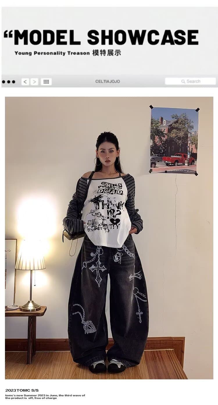한국 chic 조수 브랜드 거리 낙서 디자인 청바지 여성 루즈핏 스트레이트 팬츠 가을 새로운 바닥 청소 캐주얼 바지 상세 이미지 11