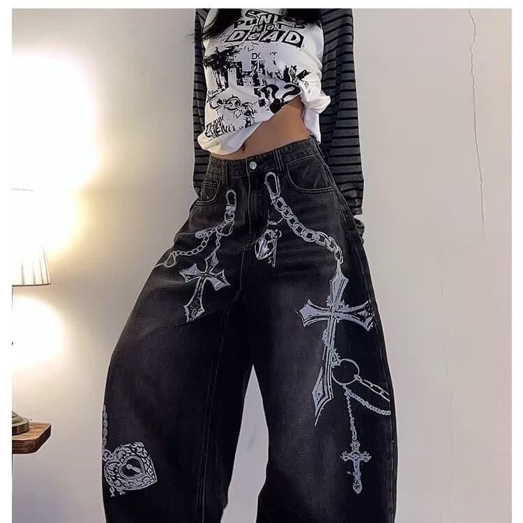 한국 chic 조수 브랜드 거리 낙서 디자인 청바지 여성 루즈핏 스트레이트 팬츠 가을 새로운 바닥 청소 캐주얼 바지 상세 이미지 17