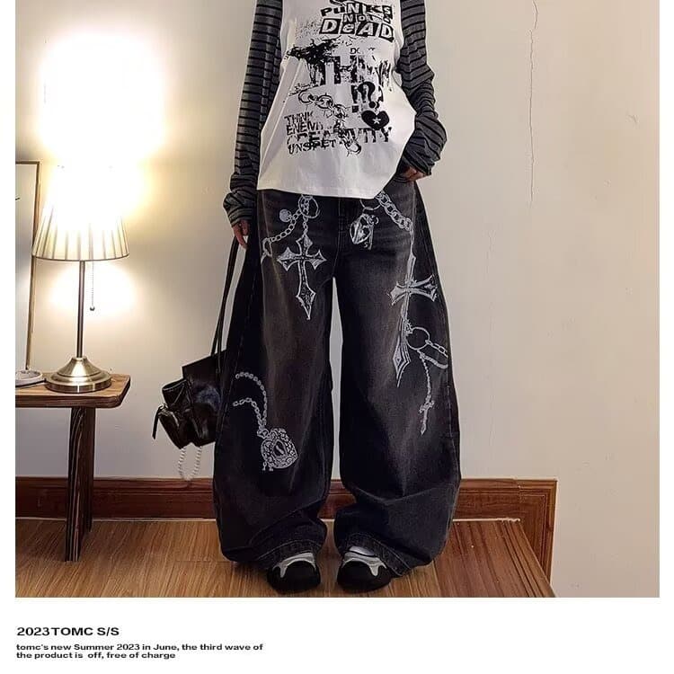 한국 chic 조수 브랜드 거리 낙서 디자인 청바지 여성 루즈핏 스트레이트 팬츠 가을 새로운 바닥 청소 캐주얼 바지 상세 이미지 21