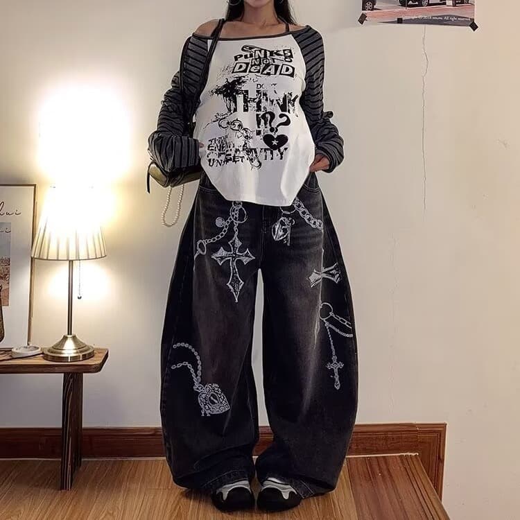 한국 chic 조수 브랜드 거리 낙서 디자인 청바지 여성 루즈핏 스트레이트 팬츠 가을 새로운 바닥 청소 캐주얼 바지 상세 이미지 22