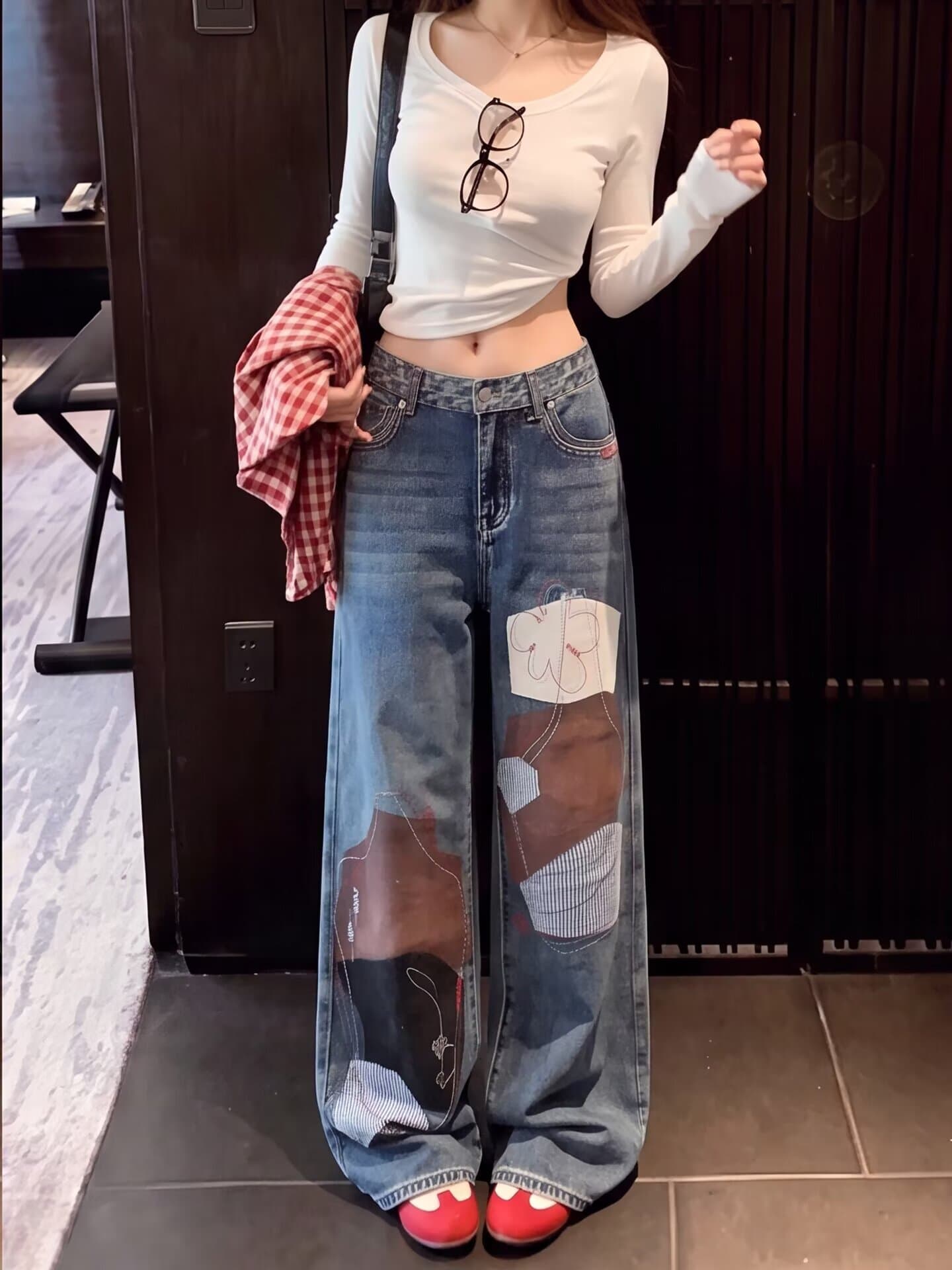 한국 chic 조수 브랜드 바늘 솔기 청바지 여성 패치워크 패치 몸매 가꾸기 작은 스트레이트 발 바지 무거운 작업 자수 캐주얼 긴 바지 이미지 3