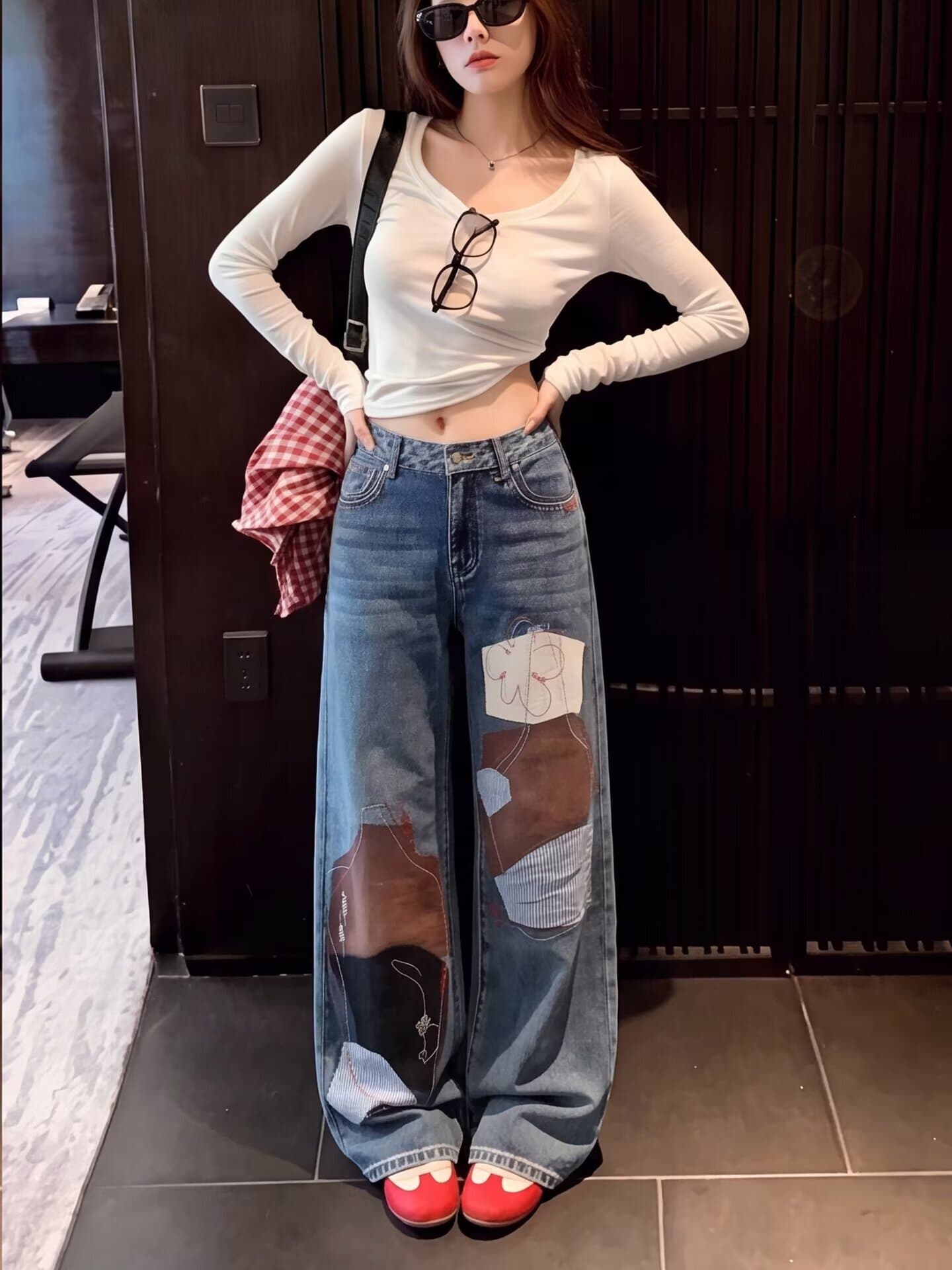 한국 chic 조수 브랜드 바늘 솔기 청바지 여성 패치워크 패치 몸매 가꾸기 작은 스트레이트 발 바지 무거운 작업 자수 캐주얼 긴 바지 상세 이미지 4