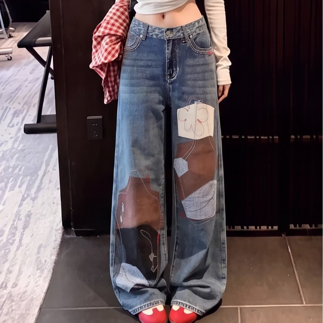 한국 chic 조수 브랜드 바늘 솔기 청바지 여성 패치워크 패치 몸매 가꾸기 작은 스트레이트 발 바지 무거운 작업 자수 캐주얼 긴 바지 상세 이미지 11