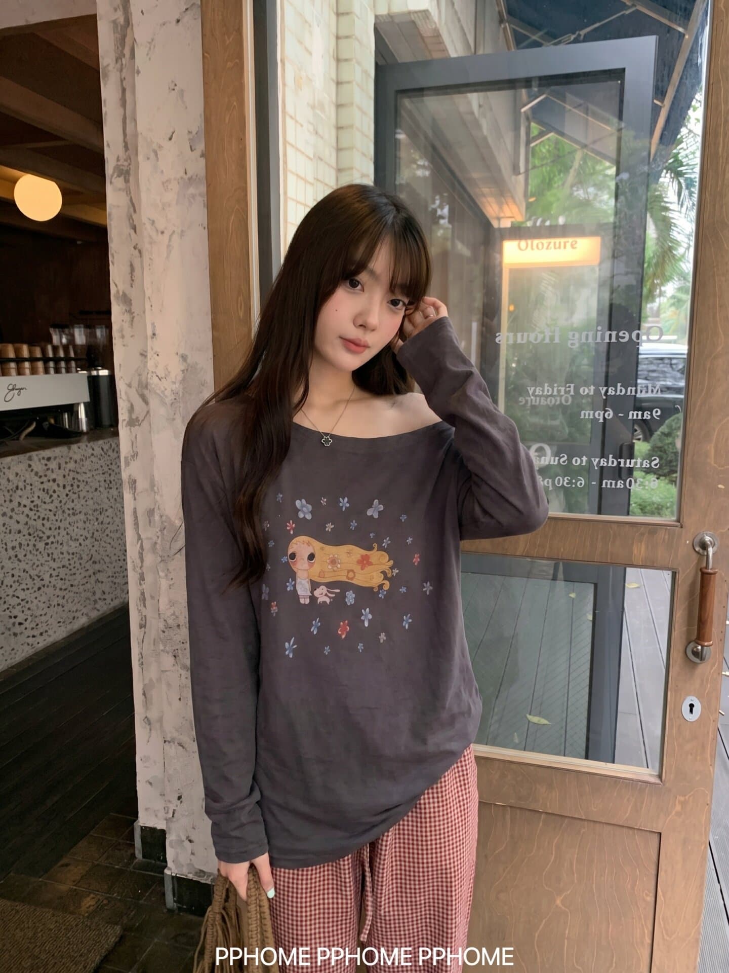 눈꽃 면 한 부서 프린트 비스듬한 어깨 긴팔 티셔츠 여성 여름 가을 새로운 루즈핏 캐주얼 얇은 스타일 블라우스 회색 맨위 이미지 4